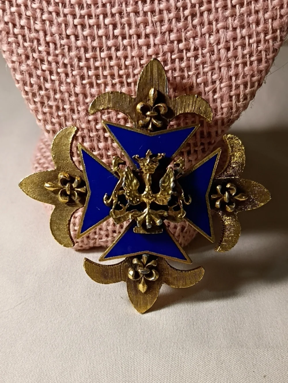 Vintage Corocraft Signed Blue Enamel Maltese Cross Brooch Heraldic Eagle